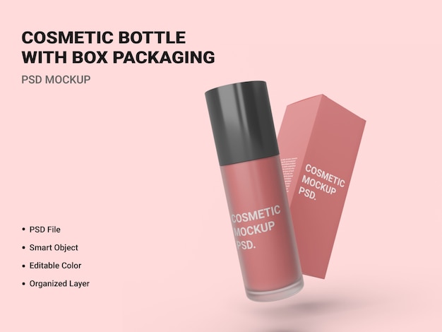 Bottiglia cosmetica con scatola imballaggio mockup isolato