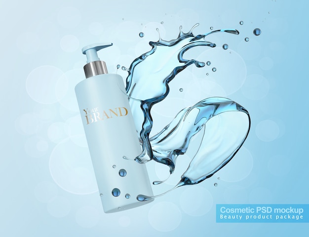 Cosmetic bottle with water splash mockup