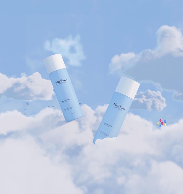 Cosmetic bottles above the clouds mockup