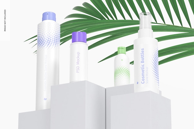 cosmetic bottles scene mockup low angle view