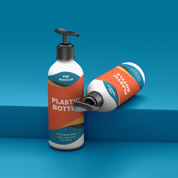 Cosmetic bottles with dispenser packaging mockup on geometric background