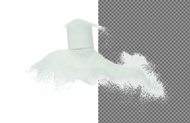 Cosmetic container white bottle fly splashing on white sand Tube transparent sand powder in mid air Moisturizer lotion cream bottle explosion flying White background isolated high speed shutter