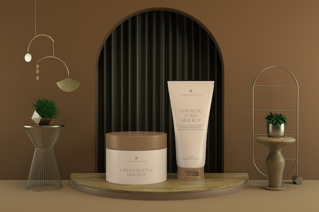 PSD cosmetic cream tube and jar container mockup