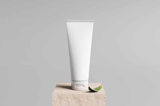 cosmetic cream tube mockup on a stone pedestal
