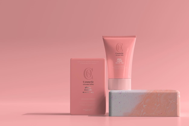 Cosmetic cream tube with box mockup