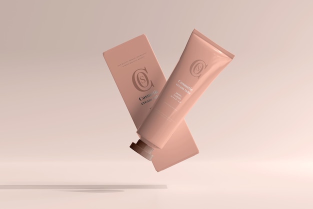 PSD cosmetic cream tube with box mockup