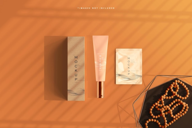 Tubo per crema cosmetica con bustina e scatola mockup