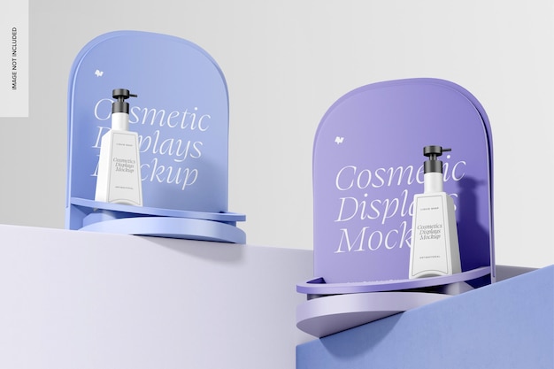 Espositori cosmetici con mockup di angoli arrotondati, vista ad angolo basso 02