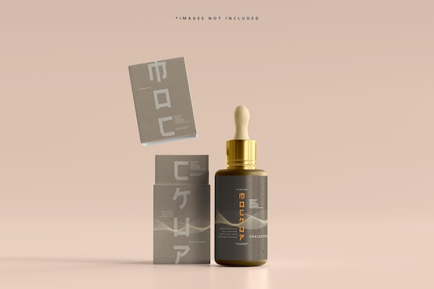 Flacone e scatola contagocce cosmetici mockup