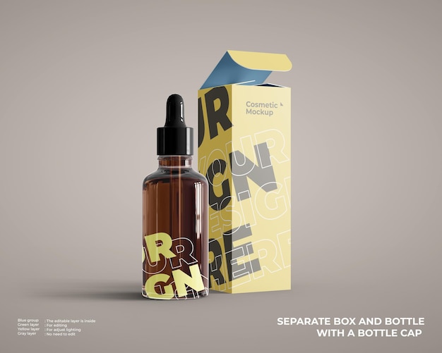 PSD cosmetic essential oil bottle mockup with box package