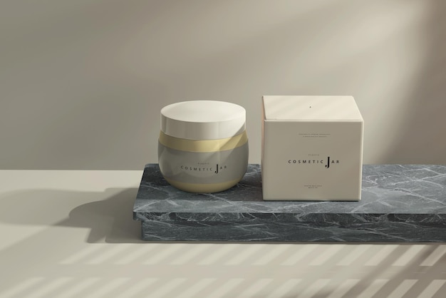 Cosmetic Jar and Box Mockup on dark marble board