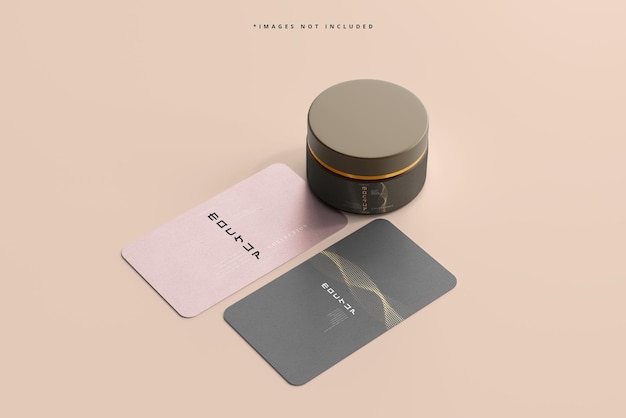 Cosmetic jar and business cards mockup