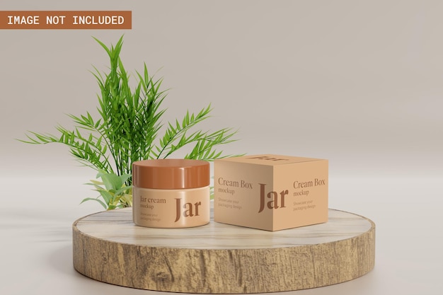 PSD cosmetic jar mockup and box packaging with podium display