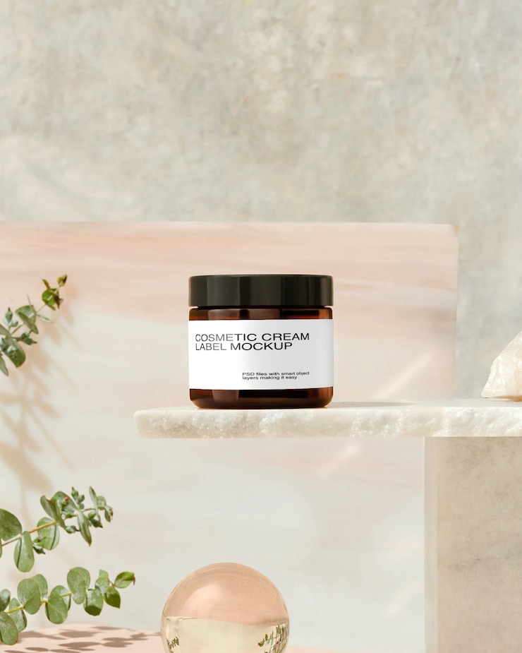 PSD cosmetic jar mockup with beautyful background