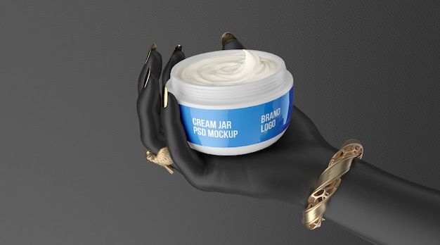 Cosmetic jar white cream on black hand 3d render mockup