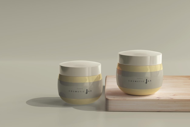 Cosmetic Jars Mockup with wooden board
