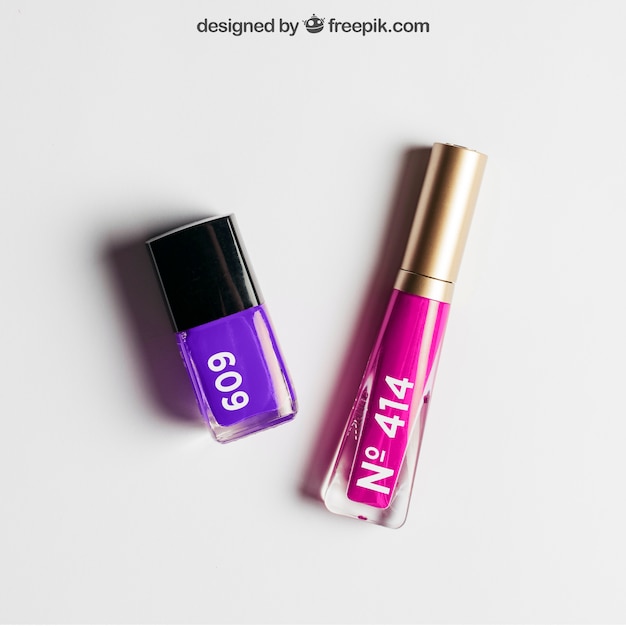 Cosmetic mockup with nail polish and lipstick