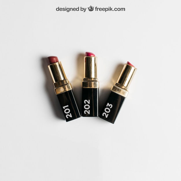 Cosmetic mockup with three lipsticks