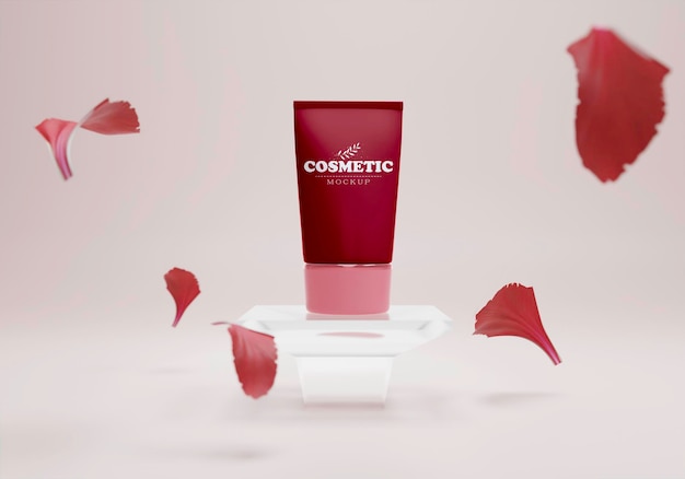 PSD cosmetic product on a stand with petals