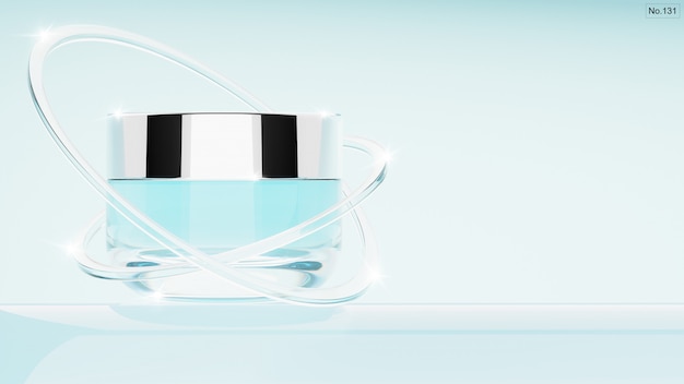 Cosmetic product with glass rings on light blue . 3D Render