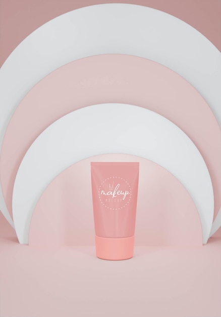 PSD mockup di assortimento di prodotti cosmetici sul podio rosa