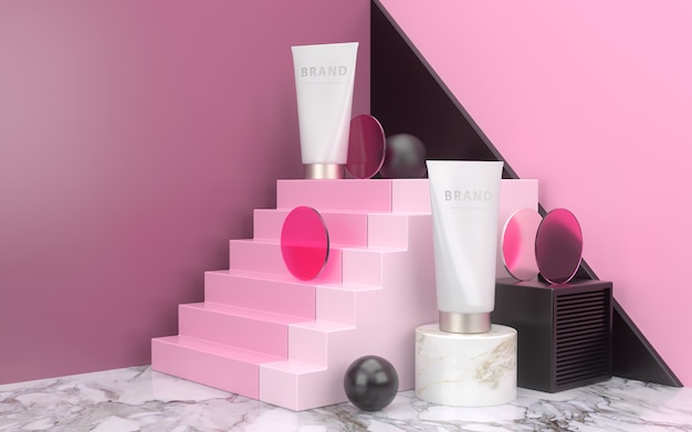 PSD cosmetic products mockup placed on minimal scene with podium