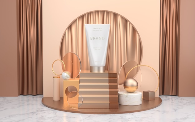 PSD cosmetic products mockup placed on minimal scene with podium