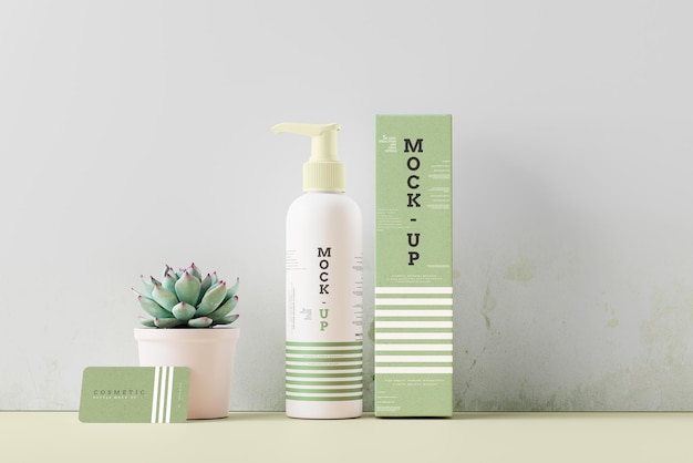 PSD cosmetic pump bottle and box mockup scene