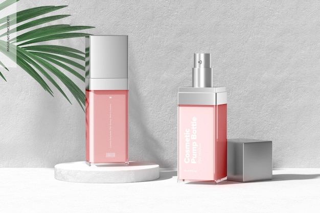 Cosmetic pump bottles mockup, opened and closed