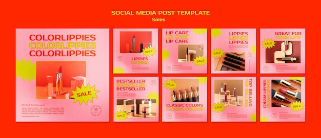 PSD collezione di post instagram di vendita di cosmetici in uno stile vivace e audace