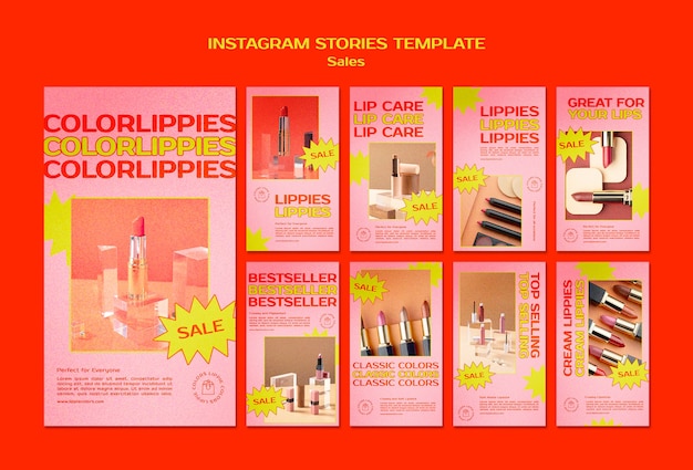 PSD collezione di storie di instagram di vendita di cosmetici in uno stile vivace e audace