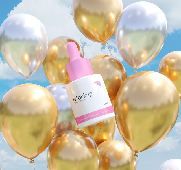 PSD cosmetic serum dropper with balloons mockup