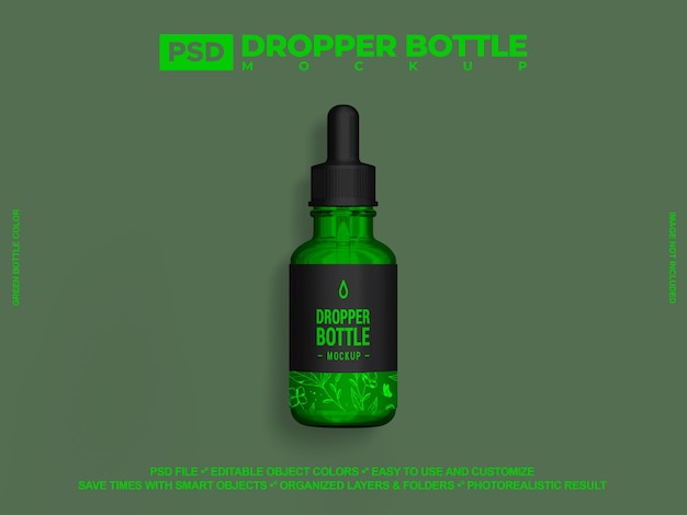 Cosmetic serum glass ampoule bottle Mockup Green dropper bottle PSD Mockup