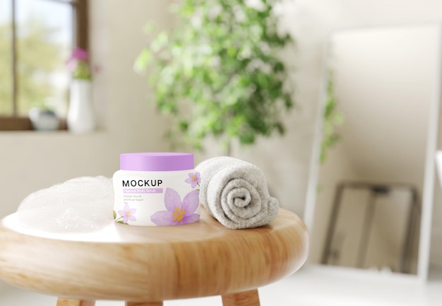cosmetic skincare jar mockup on a wooden stool with rolled towel