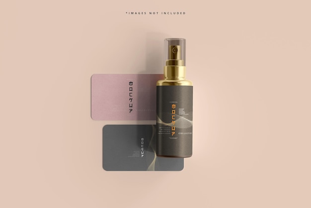 PSD cosmetic spray bottle and business cards mockup