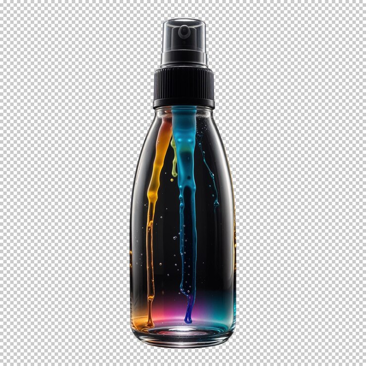 PSD cosmetic spray bottle mockup featuring colorful glass texture png bottle