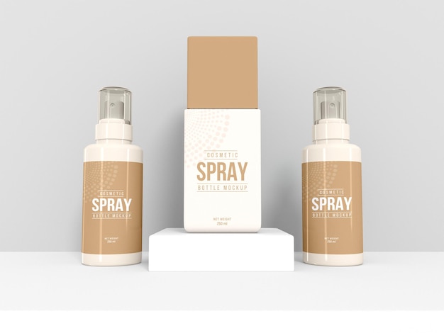 PSD cosmetic spray bottle with box mockup