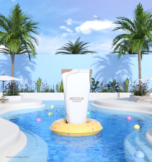 PSD cosmetic tube on a float in the swimming pool mockup