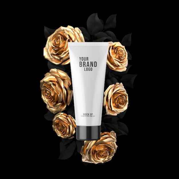 Cosmetic tube mockup on black  whit golden rose