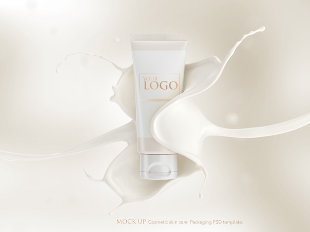 Modello di mockup tubo cosmetico con spruzzi di crema di latte.