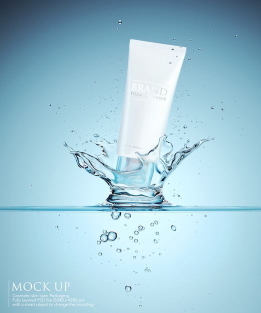 PSD cosmetic tube mockup template with splashing of water liquid.