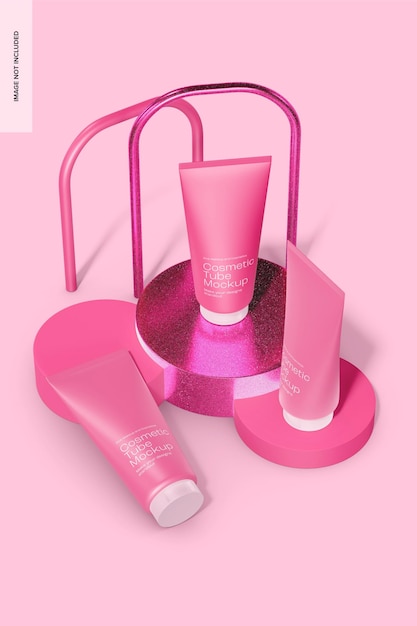 PSD cosmetic tube on pink background mockup, high angle view