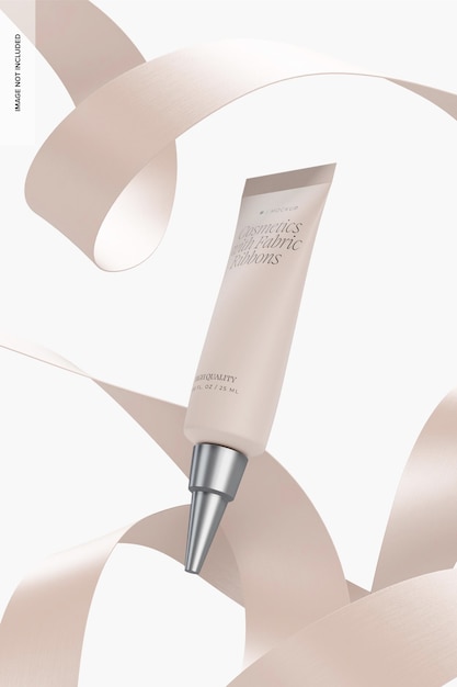 PSD cosmetic tube with fabric ribbon mockup, floating