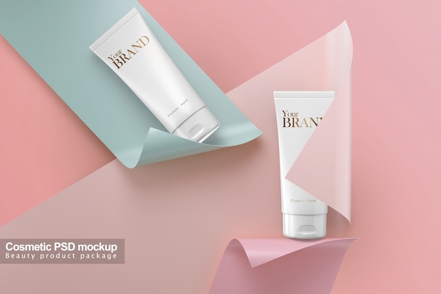 Cosmetic tube with paper background mockup template package design.