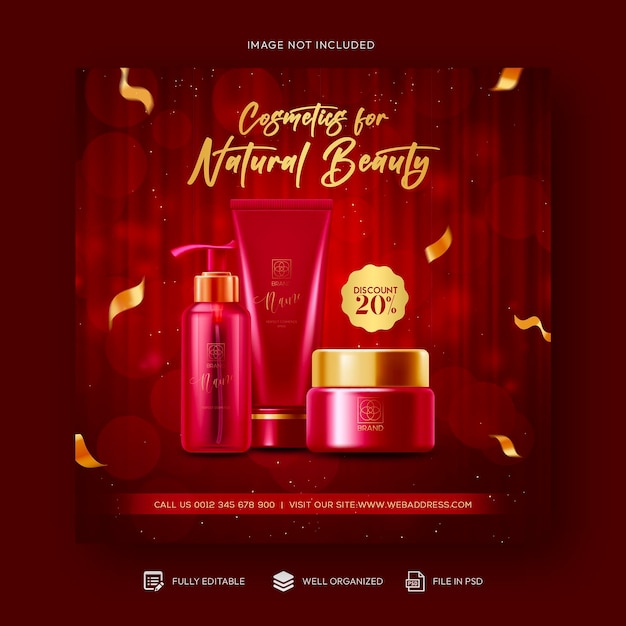 Cosmetica schoonheidsproducten en make-up social media post en korting verkoop banner ontwerpsjabloon
