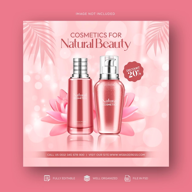 PSD cosmetics beauty products and makeup social media post and discount sale banner design template