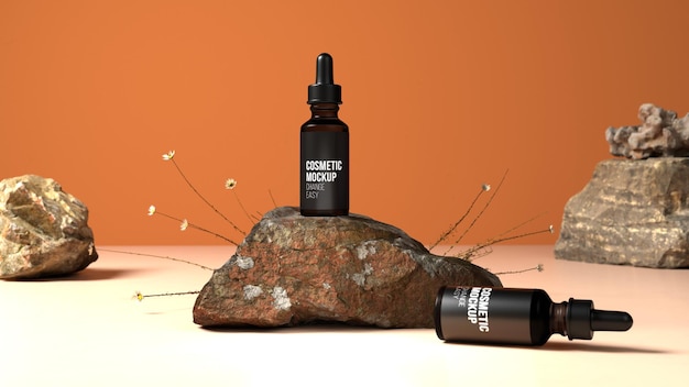 PSD cosmetics mockup with rock and flowers