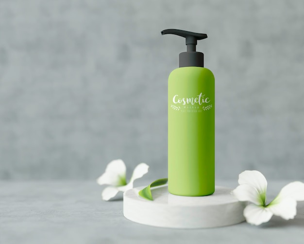 Cosmetisch product op een standaard met bloemen