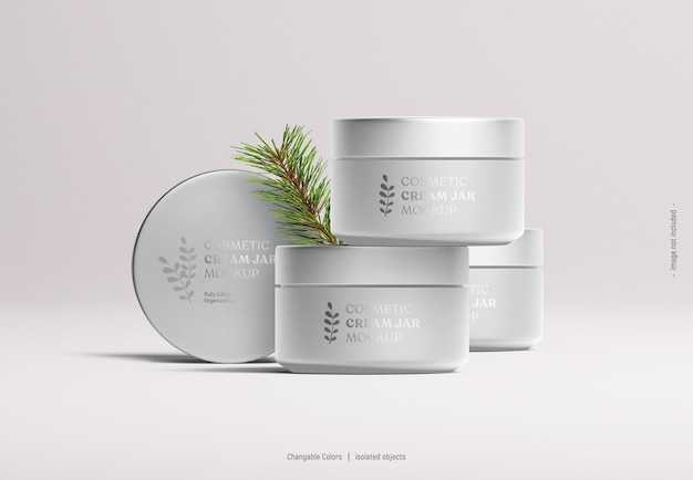 Cosmetische cream jar mockup met geïsoleerde dennentak