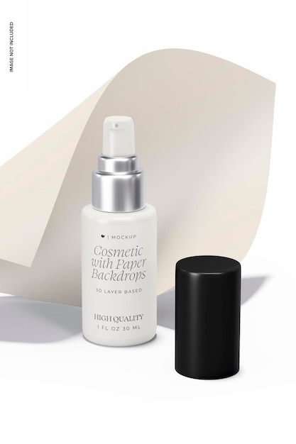 Cosmetische fles met papieren achtergrondmodel, vooraanzicht